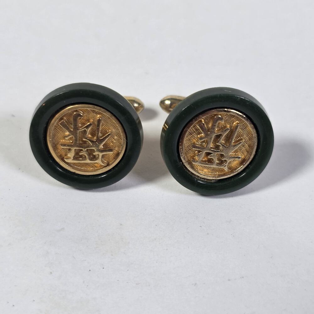 Vintage Swank Cufflinks Green Faux Jade Gold Tone Asian Symbol Round Men's